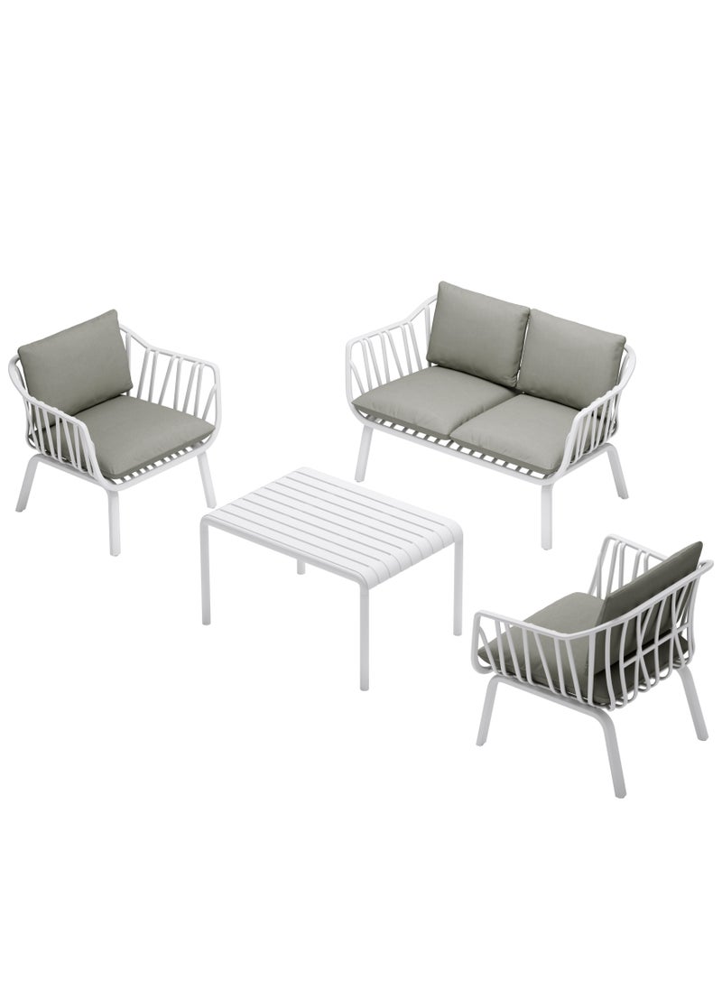 Marcolo - 4-Piece Outdoor Sofa Set for Garden, Patio, Balcony & Villa – Heat & UV Resistant, Durable Fiberglass Plastic Seating, Modern White Steel Frame, Grey Cushions – 2 Chairs, Loveseat & Coffee Table - Image 1