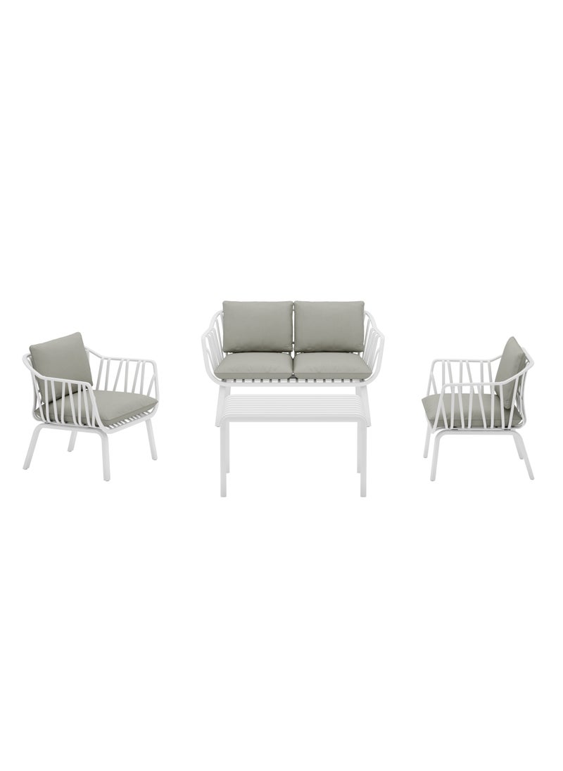 Marcolo - 4-Piece Outdoor Sofa Set for Garden, Patio, Balcony & Villa – Heat & UV Resistant, Durable Fiberglass Plastic Seating, Modern White Steel Frame, Grey Cushions – 2 Chairs, Loveseat & Coffee Table - Image 1