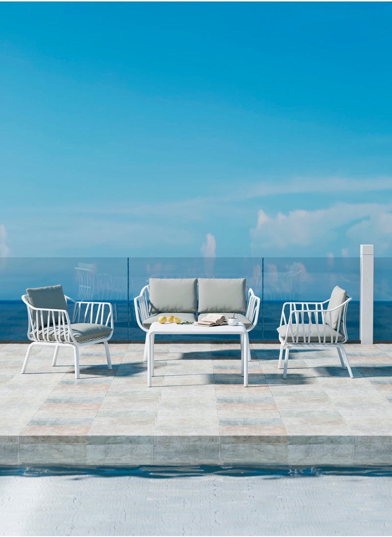 Marcolo - 4-Piece Outdoor Sofa Set for Garden, Patio, Balcony & Villa – Heat & UV Resistant, Durable Fiberglass Plastic Seating, Modern White Steel Frame, Grey Cushions – 2 Chairs, Loveseat & Coffee Table - Image 1