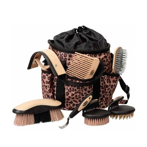 Weaver Equine Horse Grooming Kit 7Piece Horse Brush Set with Organizer Tote Bag Hoof Pick Comb Sweat Scraper Equine Tools for Daily Grooming Leopard - Image 1