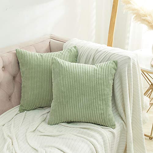 Volcanics Corduroy Cushion Covers Pack of 2 Decorative Square Throw Pillow Covers Cushion Soft Pillowcase 45 x 45cm18 x 18 Inches for Home decor Sofa Couch Bedroom Light Green