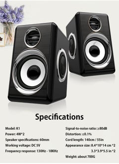 BONKS Computer Stereo 1 Pair USB+AUX Wired Computer Speakers Bass Reinforcement 4 Diaphragm for Laptop Desktop 8W High Power Loudspeaker  - Image 5