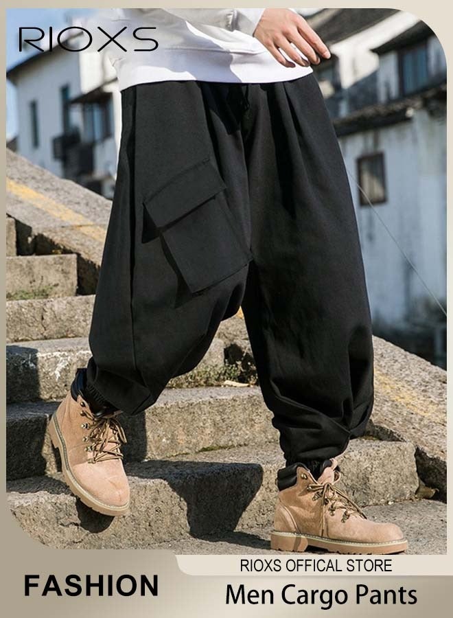 ريوكس بنطلون كارغو رجالي، بنطلون جري فضفاض بثلاثة جيوب ورباط، بنطلون رجالي عصري بخصر مطاطي وواسع، بنطلون هيب هوب مريح وعصري لمحبي الملابس الرياضية، مناسب للهيب هوب والرياضة والشارع والحياة اليومية أو أي ملابس غير رسمية، أسود - Image 1