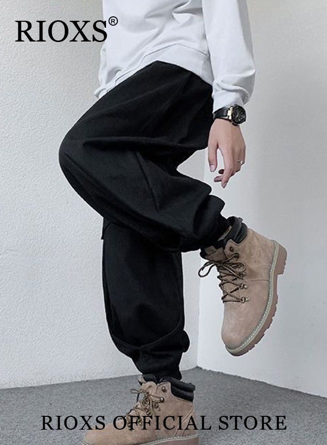 ريوكس بنطلون كارغو رجالي، بنطلون جري فضفاض بثلاثة جيوب ورباط، بنطلون رجالي عصري بخصر مطاطي وواسع، بنطلون هيب هوب مريح وعصري لمحبي الملابس الرياضية، مناسب للهيب هوب والرياضة والشارع والحياة اليومية أو أي ملابس غير رسمية، أسود - Image 2