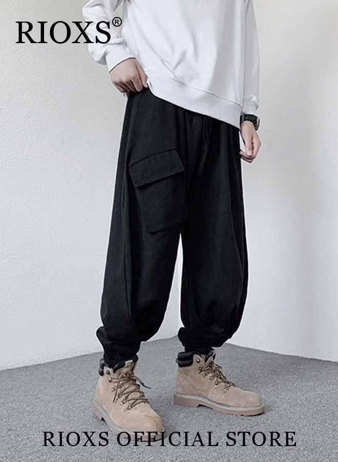 ريوكس بنطلون كارغو رجالي، بنطلون جري فضفاض بثلاثة جيوب ورباط، بنطلون رجالي عصري بخصر مطاطي وواسع، بنطلون هيب هوب مريح وعصري لمحبي الملابس الرياضية، مناسب للهيب هوب والرياضة والشارع والحياة اليومية أو أي ملابس غير رسمية، أسود - Image 4