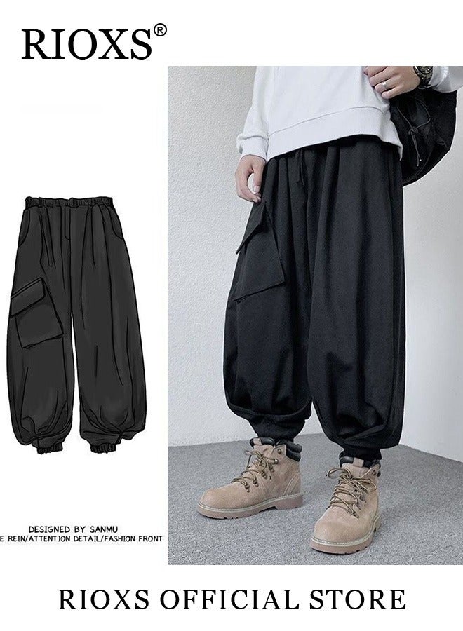 ريوكس بنطلون كارغو رجالي، بنطلون جري فضفاض بثلاثة جيوب ورباط، بنطلون رجالي عصري بخصر مطاطي وواسع، بنطلون هيب هوب مريح وعصري لمحبي الملابس الرياضية، مناسب للهيب هوب والرياضة والشارع والحياة اليومية أو أي ملابس غير رسمية، أسود - Image 5