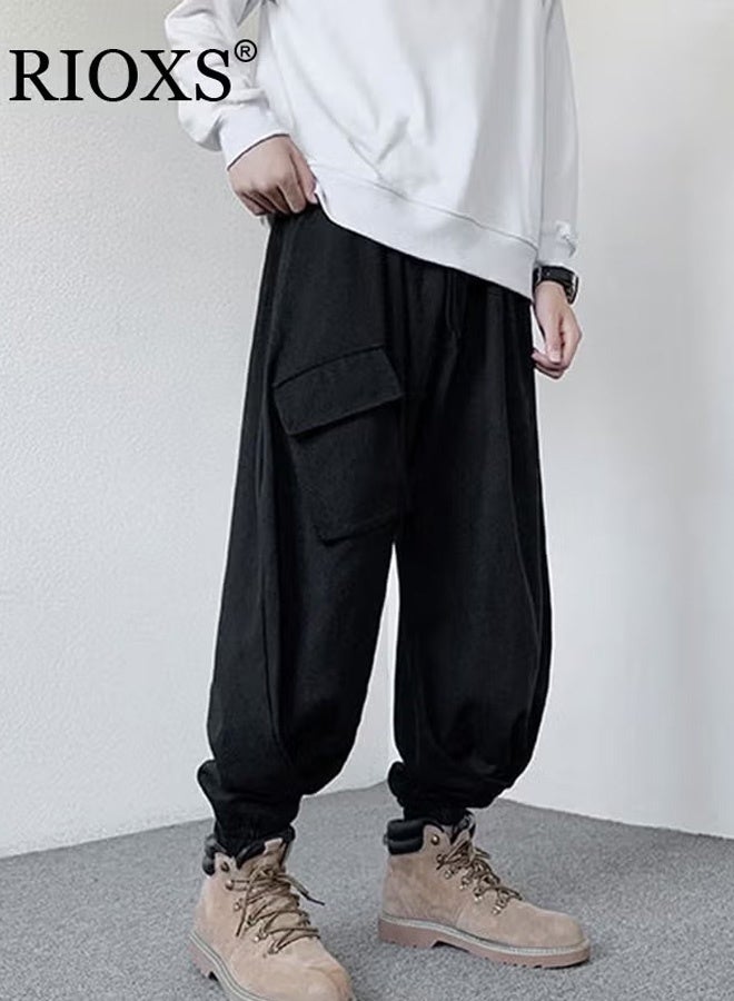 RIOXS Men's Cargo Pants, Loose Fit Drawstring Jogger Pants with 3 Pockets, Fashionable Elastic Waist Baggy Pants for Men, Trendy Comfortable Hip-hop Trousers Sweatpants for Streetwear Enthusiasts, Suitable for Hip-hop, Sports, Street, Daily life or Any Casual Wear, Black - Image 4