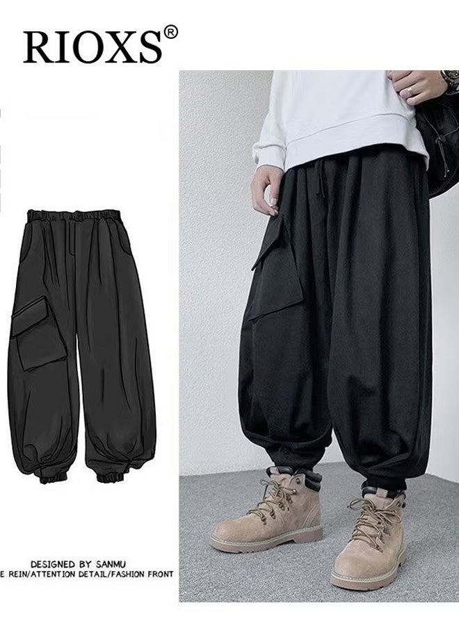 RIOXS Men's Cargo Pants, Loose Fit Drawstring Jogger Pants with 3 Pockets, Fashionable Elastic Waist Baggy Pants for Men, Trendy Comfortable Hip-hop Trousers Sweatpants for Streetwear Enthusiasts, Suitable for Hip-hop, Sports, Street, Daily life or Any Casual Wear, Black - Image 5