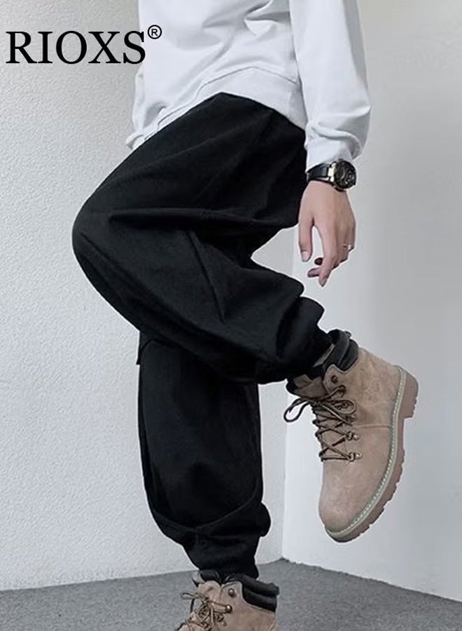 RIOXS Men's Cargo Pants, Loose Fit Drawstring Jogger Pants with 3 Pockets, Fashionable Elastic Waist Baggy Pants for Men, Trendy Comfortable Hip-hop Trousers Sweatpants for Streetwear Enthusiasts, Suitable for Hip-hop, Sports, Street, Daily life or Any Casual Wear, Black - Image 2