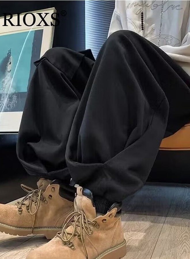 RIOXS Men's Cargo Pants, Loose Fit Drawstring Jogger Pants with 3 Pockets, Fashionable Elastic Waist Baggy Pants for Men, Trendy Comfortable Hip-hop Trousers Sweatpants for Streetwear Enthusiasts, Suitable for Hip-hop, Sports, Street, Daily life or Any Casual Wear, Black - Image 3