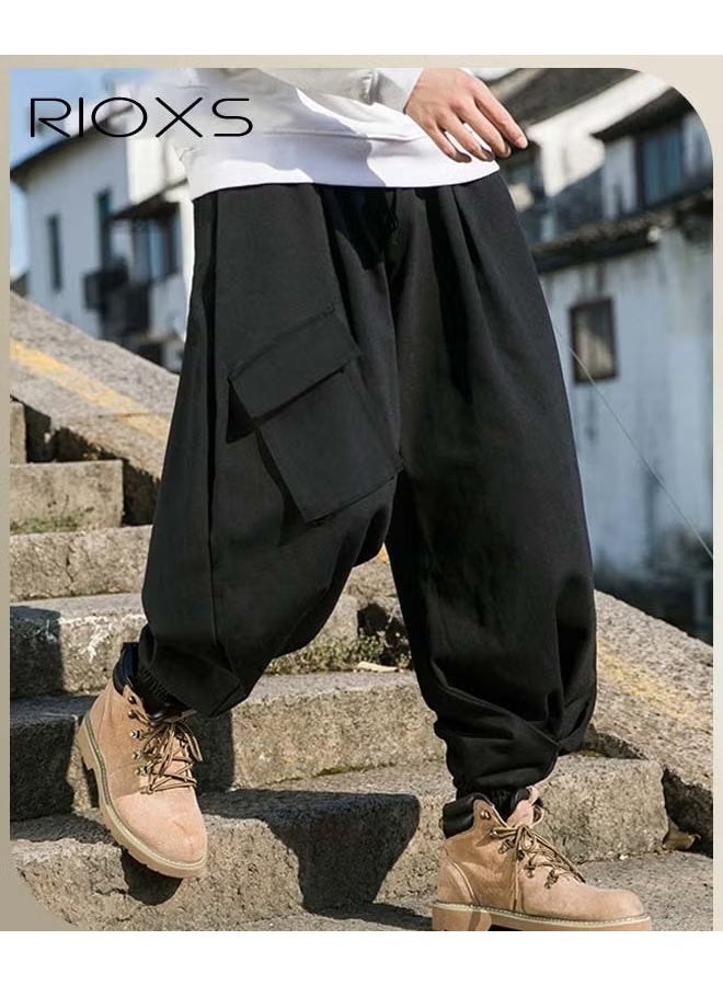 RIOXS Men's Cargo Pants, Loose Fit Drawstring Jogger Pants with 3 Pockets, Fashionable Elastic Waist Baggy Pants for Men, Trendy Comfortable Hip-hop Trousers Sweatpants for Streetwear Enthusiasts, Suitable for Hip-hop, Sports, Street, Daily life or Any Casual Wear, Black - Image 1