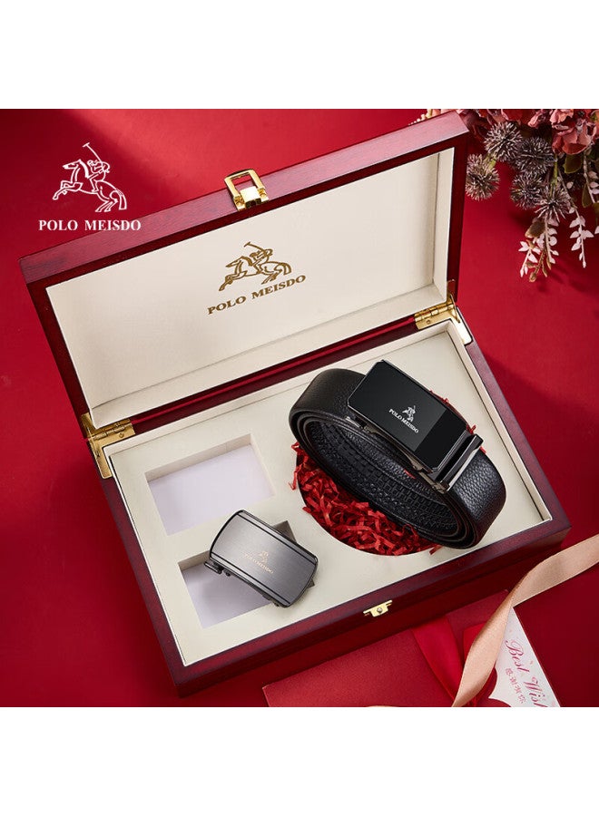 Polomeisdo Men's Leather Belt With Automatic Buckle, Double Buckle Gift Box, Self-operated New Year Gift For Boyfriend, Husband, Father - Image 2