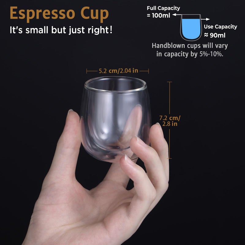 glastal Espresso Cups 4 oz Double Walled Glasses Coffee Mugs Set of 2, Clear Glass Coffee Cups Insulated Espresso Mug 120 ml (full capacity) Borosilicate Double Wall Glass Cup, German Quality - Image 2