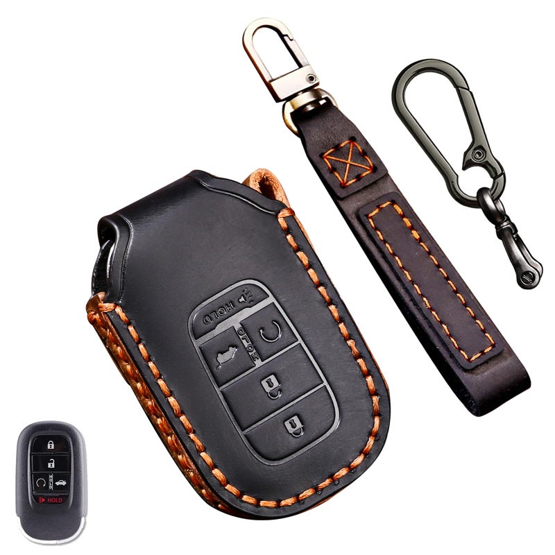 Aoocar 2022 2023 2024 2025 2026 Leather Key Fob Cover, Compatible with Honda Accord Civic HR-V CR-V Pilot Sport SI EX EX-L Touring, No Screw Design Retro Style Smart Key Protector, 4/5 Button(Black) - Image 1