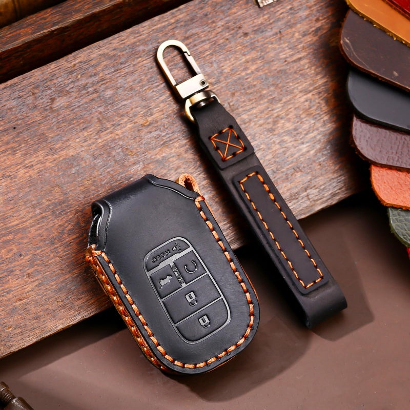 Aoocar 2022 2023 2024 2025 2026 Leather Key Fob Cover, Compatible with Honda Accord Civic HR-V CR-V Pilot Sport SI EX EX-L Touring, No Screw Design Retro Style Smart Key Protector, 4/5 Button(Black) - Image 3
