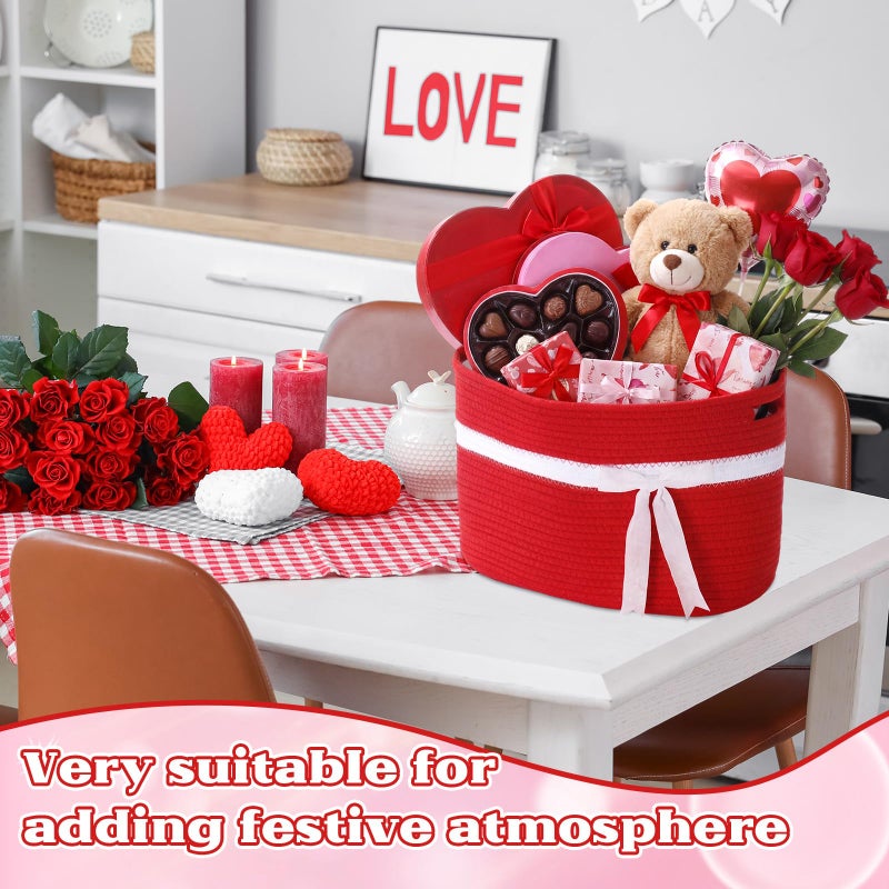 Willinglong 1 Pack Large Woven Baskets for Storage with Handle, Cotton Rope Organizer with Velvet Bow, Decorative Basket for Nursery, Home Decor, Closet & Gift Basket, 15 x 10 x 9 Inch (Red) - Image 4