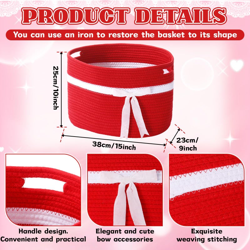 Willinglong 1 Pack Large Woven Baskets for Storage with Handle, Cotton Rope Organizer with Velvet Bow, Decorative Basket for Nursery, Home Decor, Closet & Gift Basket, 15 x 10 x 9 Inch (Red) - Image 2