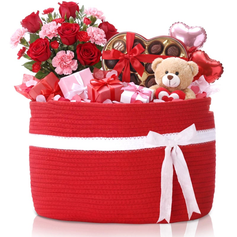 Willinglong 1 Pack Large Woven Baskets for Storage with Handle, Cotton Rope Organizer with Velvet Bow, Decorative Basket for Nursery, Home Decor, Closet & Gift Basket, 15 x 10 x 9 Inch (Red) - Image 1
