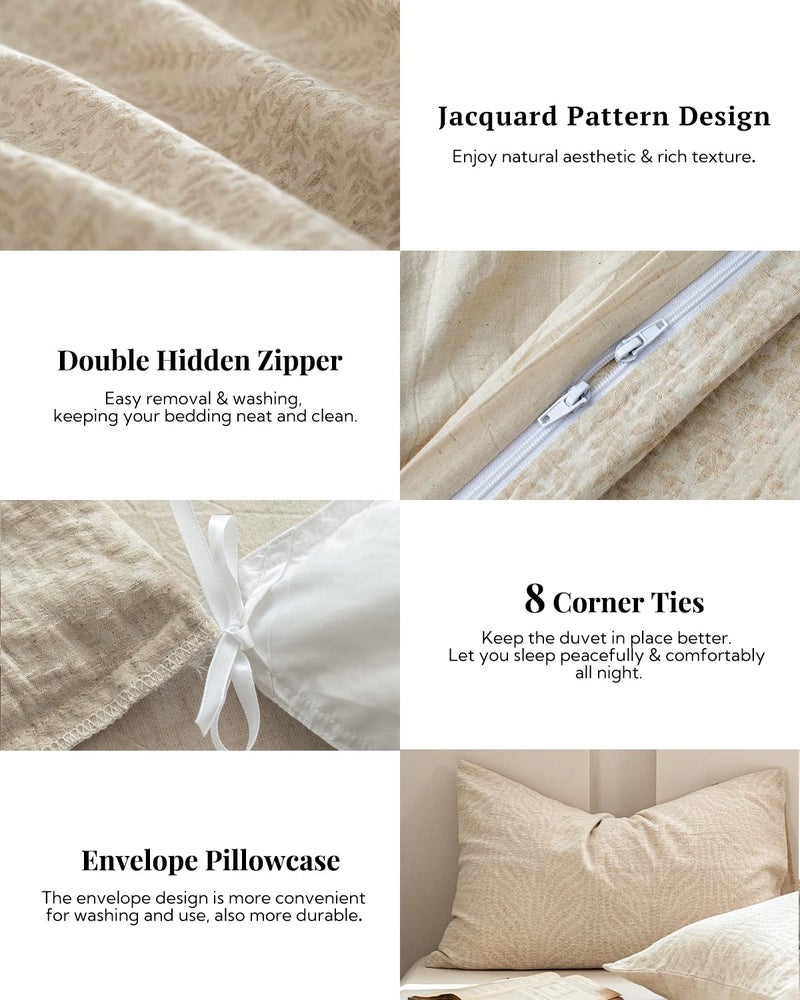 MILDLY Linen Cotton Duvet Cover - Jacquard Textured Wheat Ear Pattern Comforter Cover Set 3pcs with Zipper Closure Breathable & Minimalist for All Season - Image 4