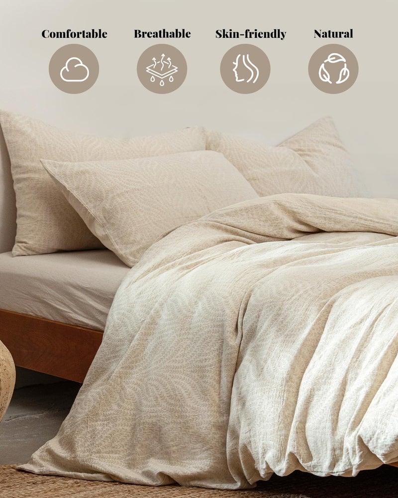 MILDLY Linen Cotton Duvet Cover - Jacquard Textured Wheat Ear Pattern Comforter Cover Set 3pcs with Zipper Closure Breathable & Minimalist for All Season - Image 2