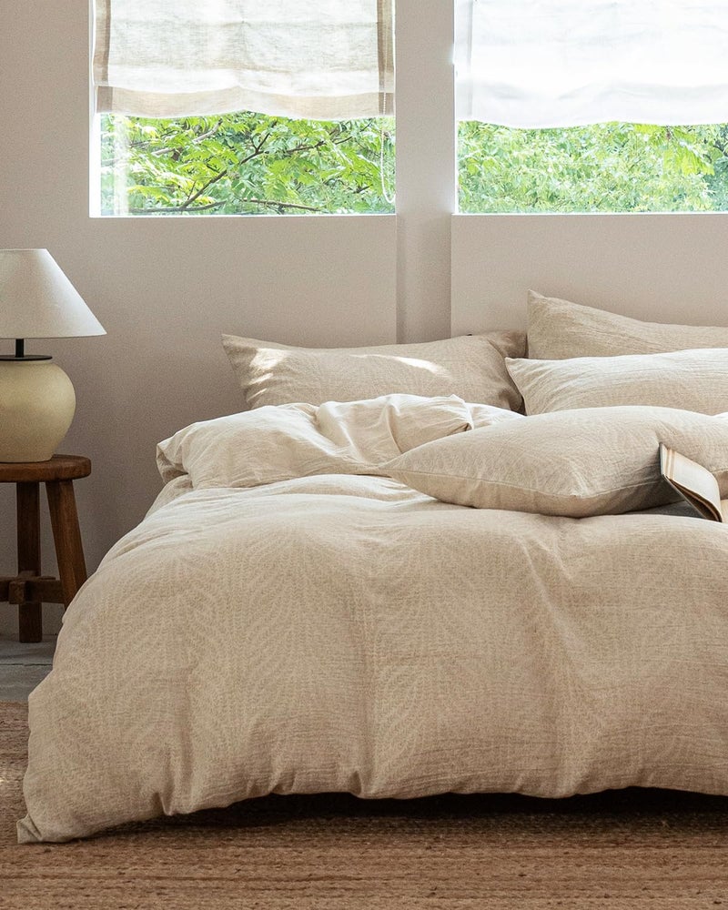 MILDLY Linen Cotton Duvet Cover - Jacquard Textured Wheat Ear Pattern Comforter Cover Set 3pcs with Zipper Closure Breathable & Minimalist for All Season - Image 1