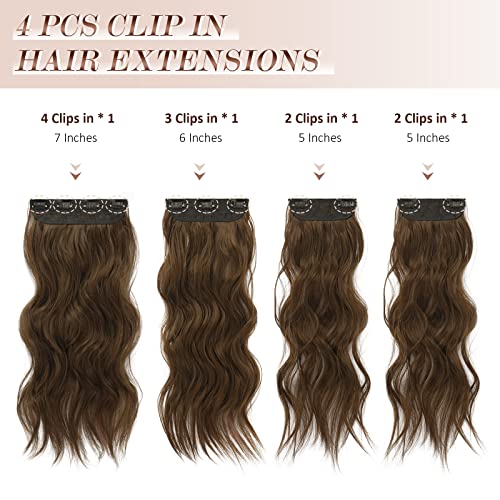 FESHFEN Clip in Hair Extensions 4 PCS Long Wavy Thick Clip in Hairpieces Full Head Synthetic Hair Extension for Women Chestnut Brown 20 Inch - Image 3