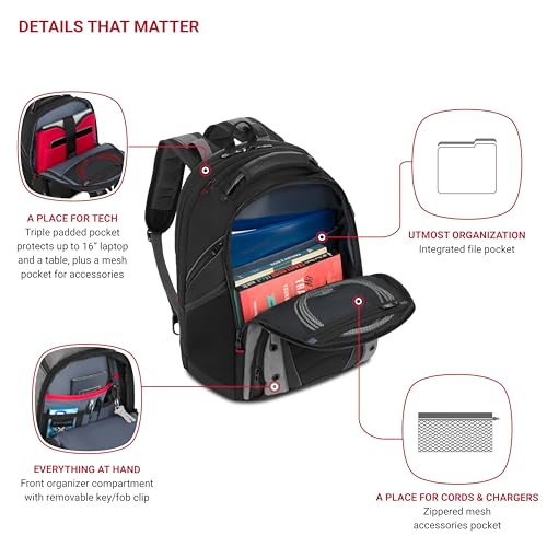 Wenger Synergy Laptop Backpack, Fits 16 Inch Laptop, Men's and Women's Laptop Bag, Black/Grey - Image 3