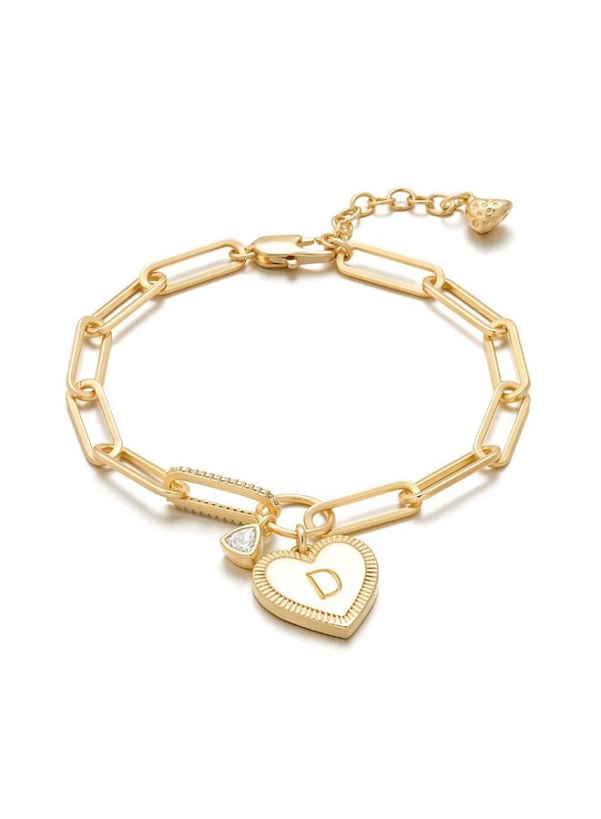 MYEARS Gold Initial Bracelets for Women 14K Gold Plated Heart Letter Charm Bracelets with Cubic Zirconia Adjustable Paperclip Chain, Personalized Jewelry Gift for Her - Letter D - Image 1