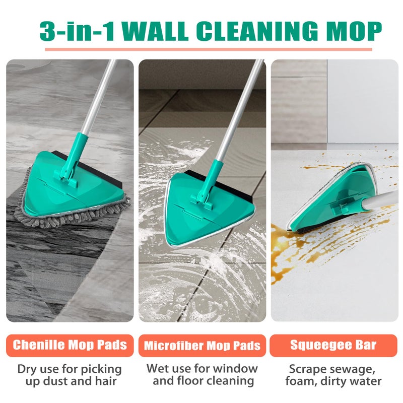 JEHONN Wall Cleaner Mop with Long Handle 82 Inches, 3-in-1 Ceiling Cleaning Tool Duster with 6 Replacement Microfiber Chenille Pads for Painted Walls, Baseboard, Window, Floor (Green) - Image 2