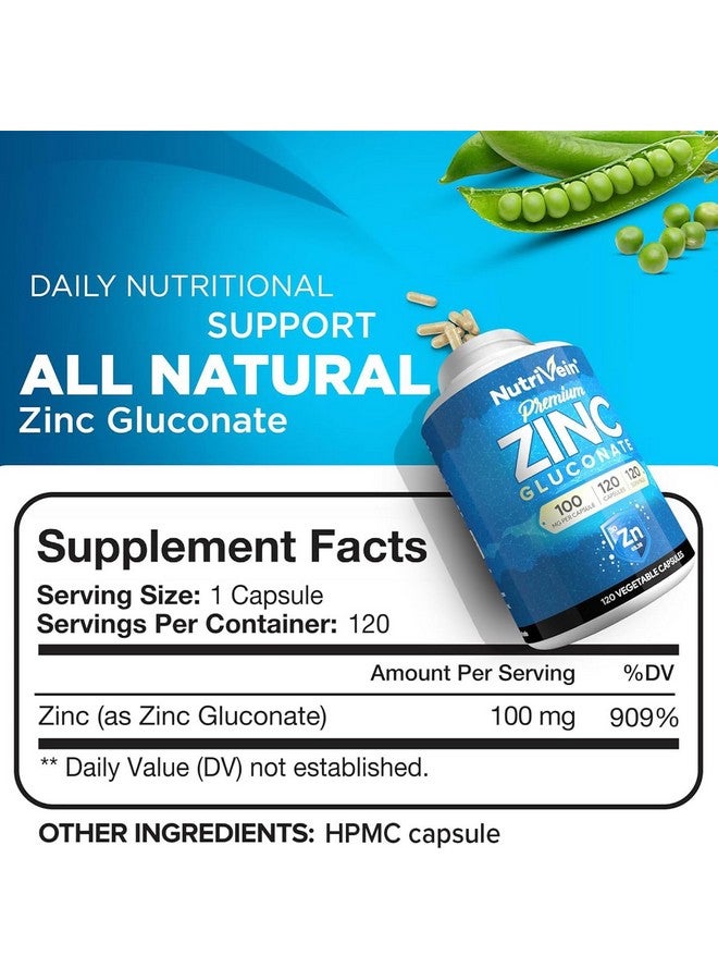 Nutrivein Nutrivein Premium Zinc Gluconate 100mg - 120 Capsules: High-Absorption Zinc Gluconate Supplements for Whole-Body Well-Being - Essential Elements for Wellness - Image 2