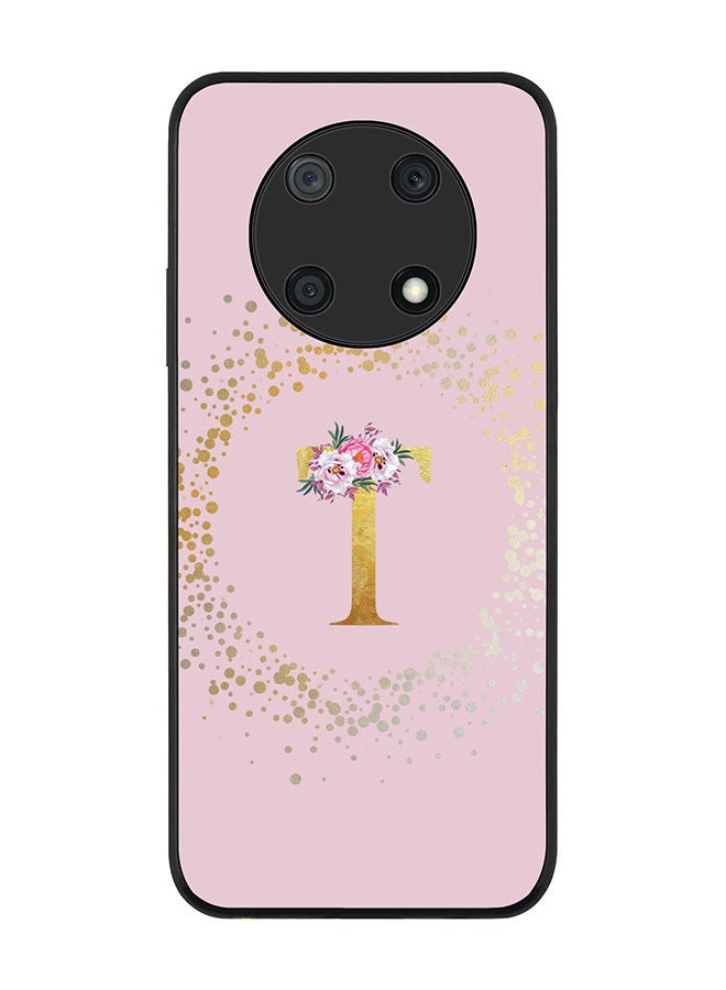 Stylizedd Rugged Black edge case for Huawei nova Y90 Slim fit Soft Case Flexible Rubber Edges TPU Gel Thin Cover - Custom Monogram Initial Letter Floral Pattern Alphabet - T (Pink) - Image 1