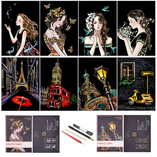 BOTEEN Rainbow Scratch Painting Paper By BOTEEN City Series Night SceneScratch Painting Creative GiftScratchboard for Adult and Kidswith 4 ToolsSize117x838pack - Image 1