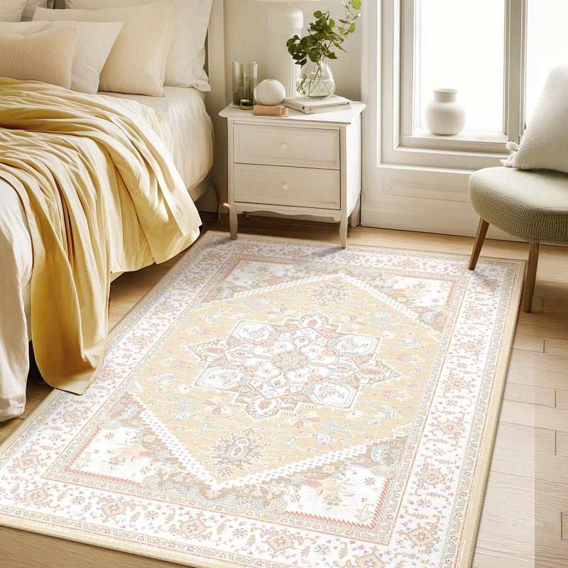 BESTSWEETIE 5x7 Area Rugs for Living Room Washable Non Slip Carpet Low Pile Soft Vintage Print Pattern Rug for Bedroom Dining Room Kitchen Entryway Indoor-Cream/Light Yellow/Brown/Blue/Red/Pink - Image 2