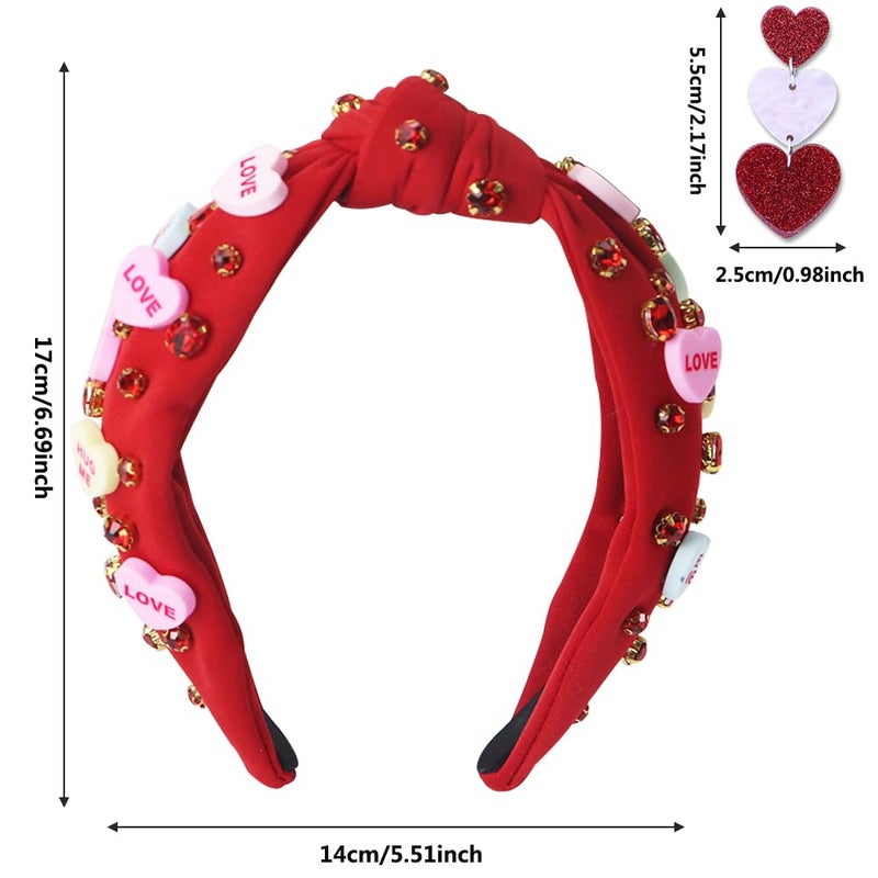 Gosuoa Valentine's Day Headband for Women,knotted Headband for Women,Red Pink Jeweled Rhinestone Crystal Top Knot Headband Valentineâ€™s Day Hair Accessories for Girls Women - Image 2