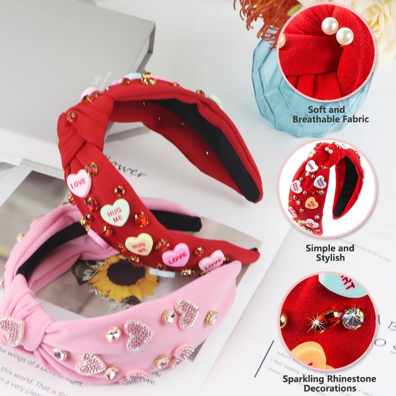 Gosuoa Valentine's Day Headband for Women,knotted Headband for Women,Red Pink Jeweled Rhinestone Crystal Top Knot Headband Valentineâ€™s Day Hair Accessories for Girls Women - Image 3