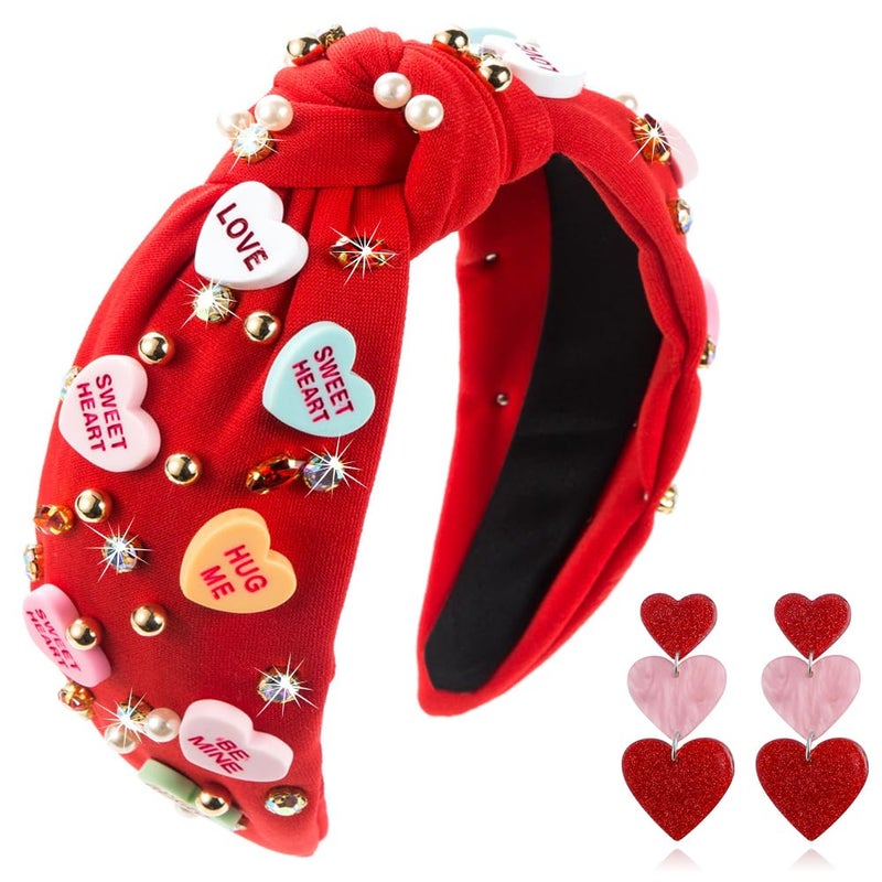 Gosuoa Valentine's Day Headband for Women,knotted Headband for Women,Red Pink Jeweled Rhinestone Crystal Top Knot Headband Valentineâ€™s Day Hair Accessories for Girls Women - Image 1