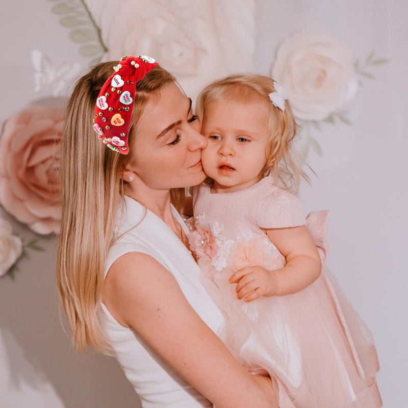 Gosuoa Valentine's Day Headband for Women,knotted Headband for Women,Red Pink Jeweled Rhinestone Crystal Top Knot Headband Valentineâ€™s Day Hair Accessories for Girls Women - Image 5