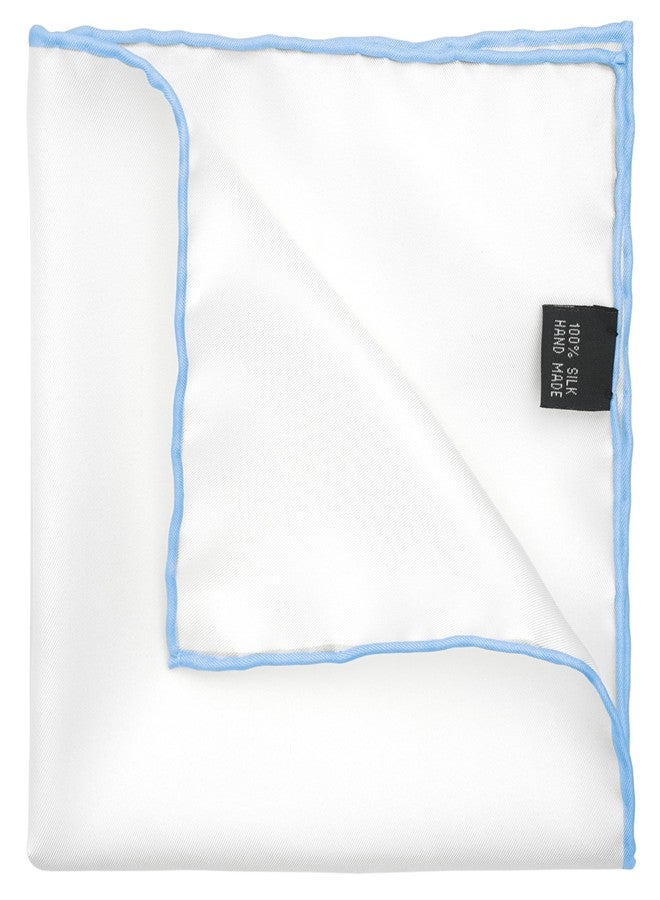 BELLUNO Silk White Pocket Square for Men, Baby Blue Edge Rolled by Hand - Image 2