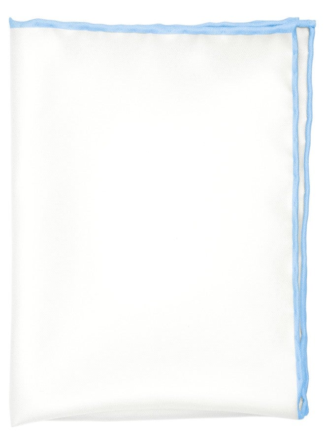 BELLUNO Silk White Pocket Square for Men, Baby Blue Edge Rolled by Hand - Image 1