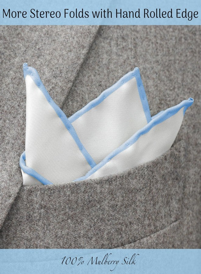 BELLUNO Silk White Pocket Square for Men, Baby Blue Edge Rolled by Hand - Image 3