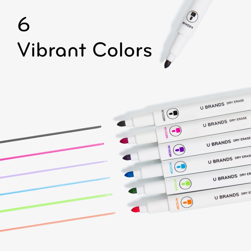 U Brands Fine Tip Dry Erase Markers with Eraser, Low Odor Whiteboard Markers Fine Tip, Assorted Bright Colors, Set of 6 - Image 3