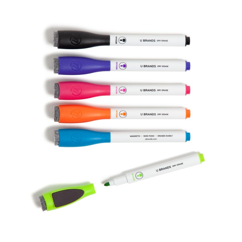 U Brands Fine Tip Dry Erase Markers with Eraser, Low Odor Whiteboard Markers Fine Tip, Assorted Bright Colors, Set of 6 - Image 1