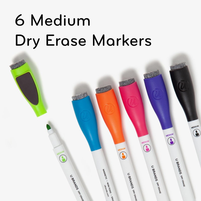 U Brands Fine Tip Dry Erase Markers with Eraser, Low Odor Whiteboard Markers Fine Tip, Assorted Bright Colors, Set of 6 - Image 2