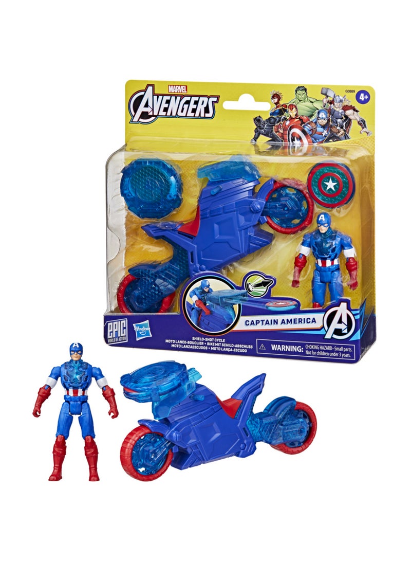 AVENGERS Marvel Avengers Epic World of Action Captain America Shield-Shot Cycle, 4-Inch (10 cm) Figure & Toy Motorcycle Playset, Super Hero Toys for Kids, 4+ - Image 1