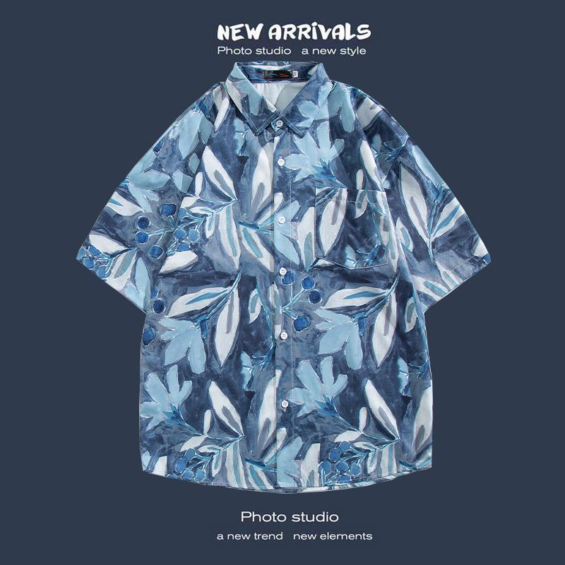 Hong Kong Style Short-Sleeved Shirt For Men And Women, Summer Loose And Thin Hawaiian Beach Floral Three-Quarter Sleeve Floral Shirt - Image 1