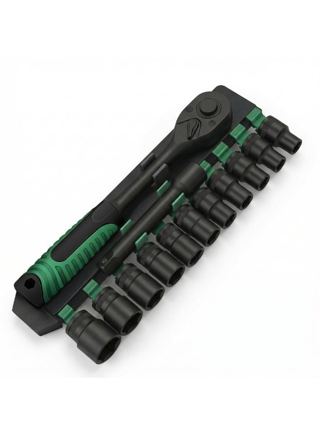 Manful 12Pcs Socket Wrench Set with Ratchet Handle – Steel Socket Tool Kit with Extension Bars, Universal Joint & Metal Storage Case (Black) - Image 1