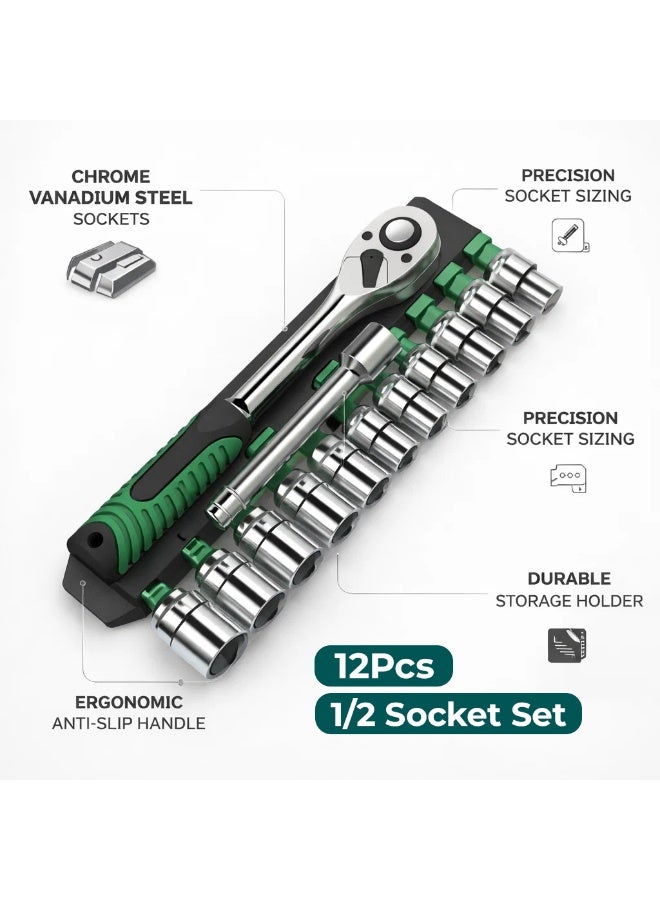 Manful 12Pcs Socket Wrench Set with Ratchet Handle – Steel Socket Tool Kit with Extension Bars, Universal Joint & Metal Storage Case (Black) - Image 3