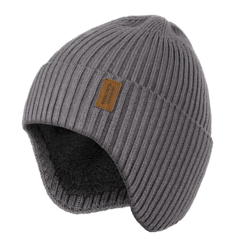 Wmcaps Fleece Lined Winter Beanie with Earflap for Men Women - Windproof Thermal Knit Hat for Cold Weather Charcoal Gray - Image 1