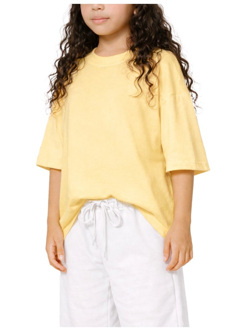 نايلتون تيشرت أوفر سايز بناتي برقبة دائرية - تي شيرت نص كم بكتف متدلي - قطن - للأطفال والمراهقين تصميم فضفاض - Image 1