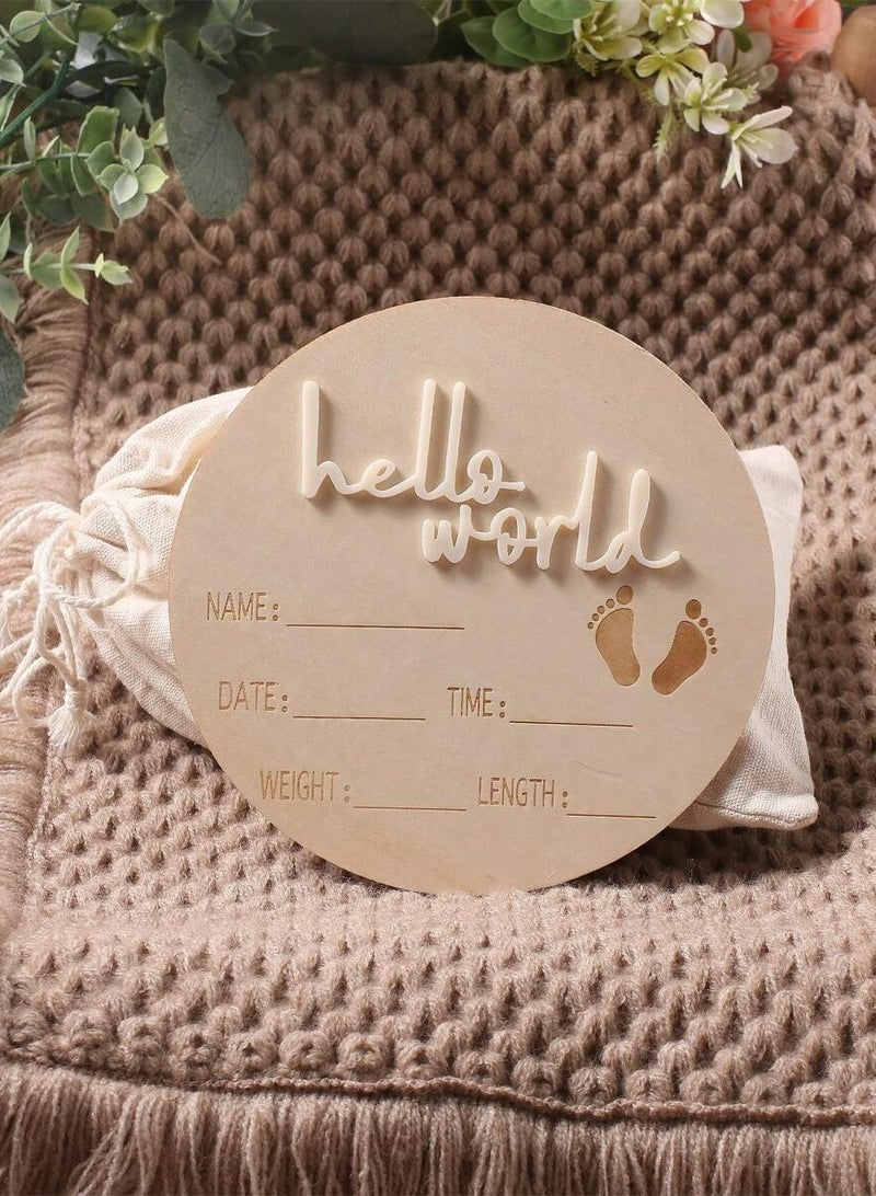 Baby Announcement Sign for Newborn - Beautiful Double-Sided Hello World Name Sign for Hospital Birth Announcement, The Perfect Round Wooden Welcome Baby Sign for New Baby Boy and Girl Gifts - Image 1